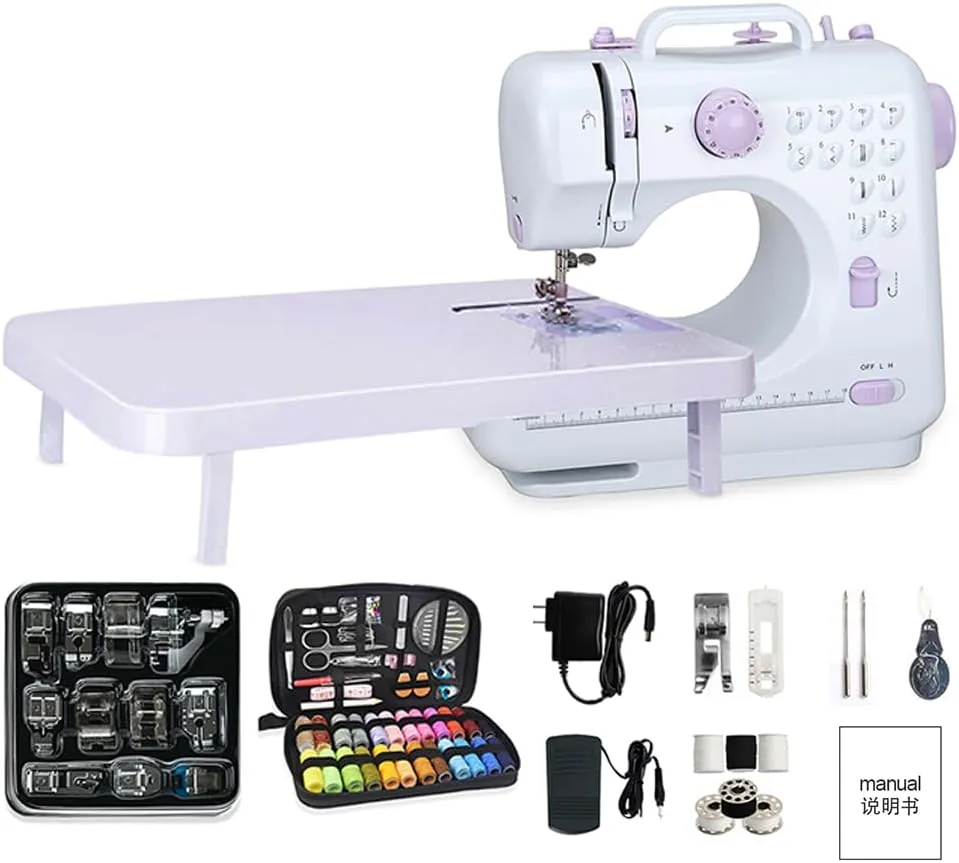 Mini Sewing Machine for Beginners with 11 Replaceable Presser Feets, Portable Sewing Machine Built-in 12 Stitches, Extension Table, Reverse Sewing, 2 Speed Foot Pedal, 97pcs Sewing kit (Purple)