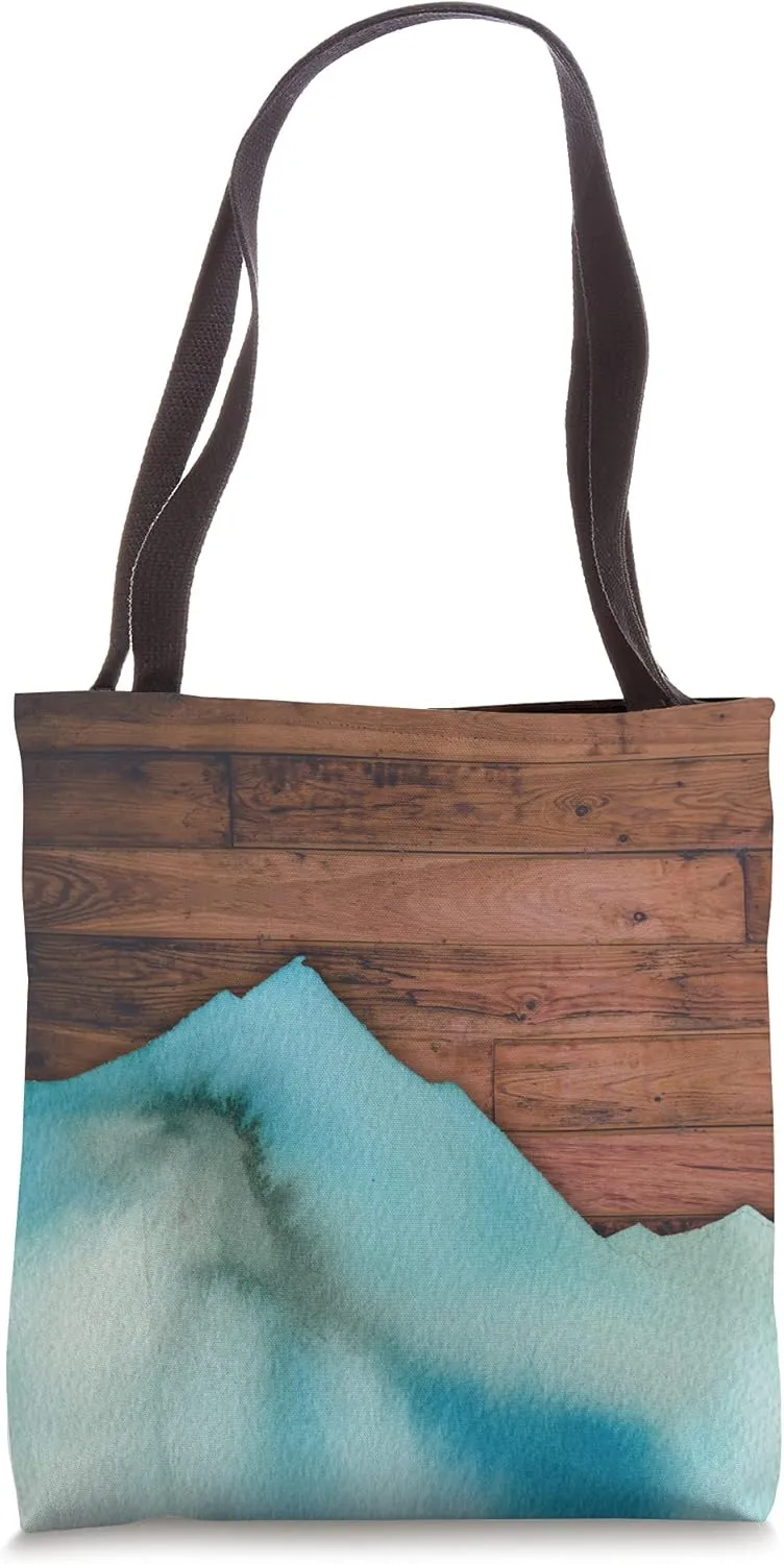 Minimal Rustic Board Slats with Watercolor Blue Mountain Tote Bag