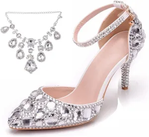 Minishion Womens Rhinestone Wedding Shoes Party Pumps with Ankle Chains