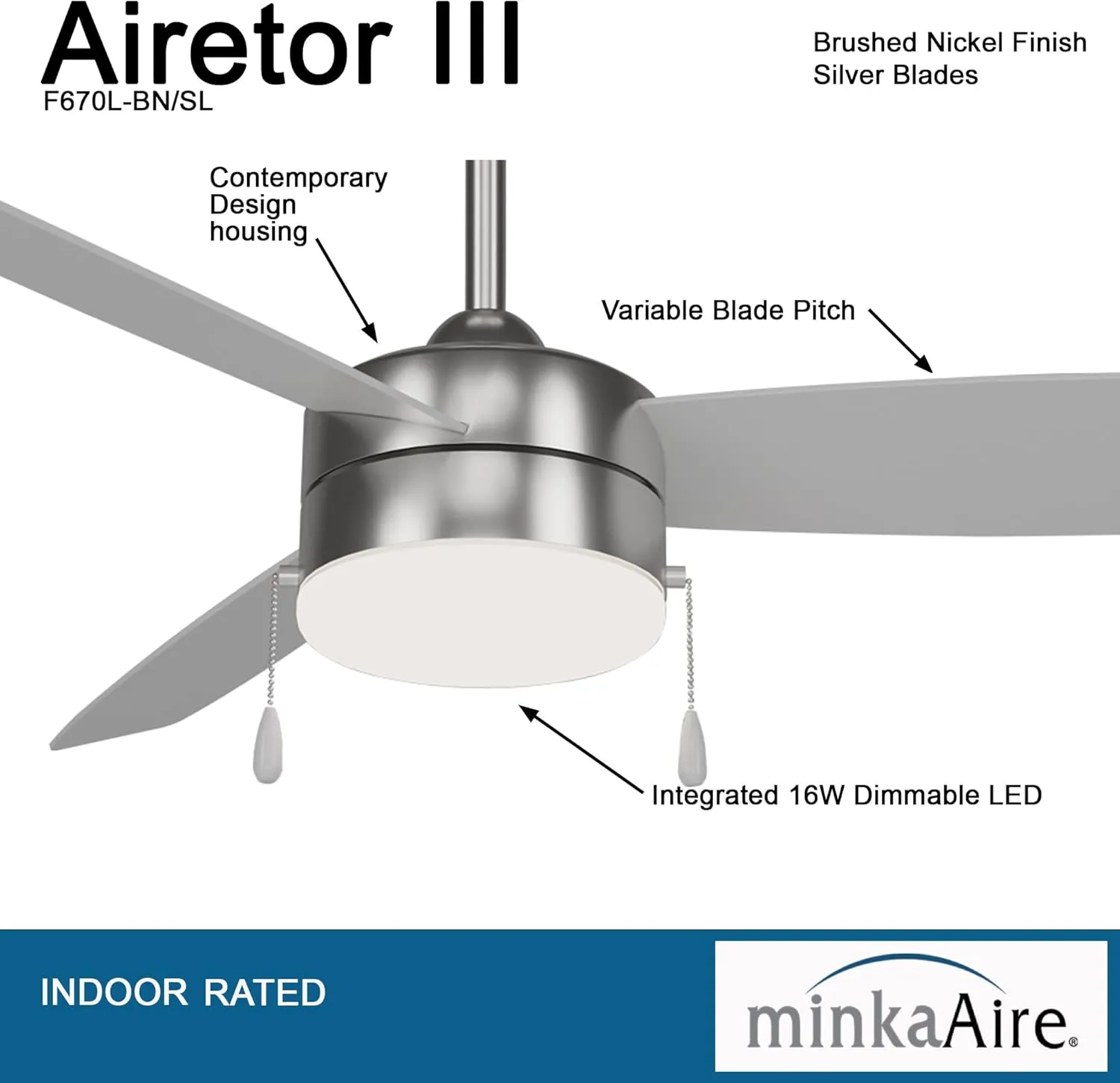 Minka-Aire F670L-BN/SL Airetor III 54" Ceiling Fan with LED Light and Pull Chain in Brushed Nickel Finish