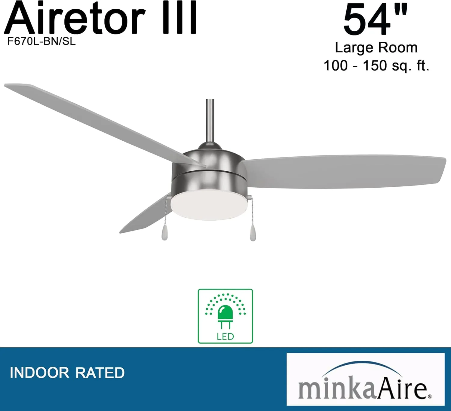 Minka-Aire F670L-BN/SL Airetor III 54" Ceiling Fan with LED Light and Pull Chain in Brushed Nickel Finish