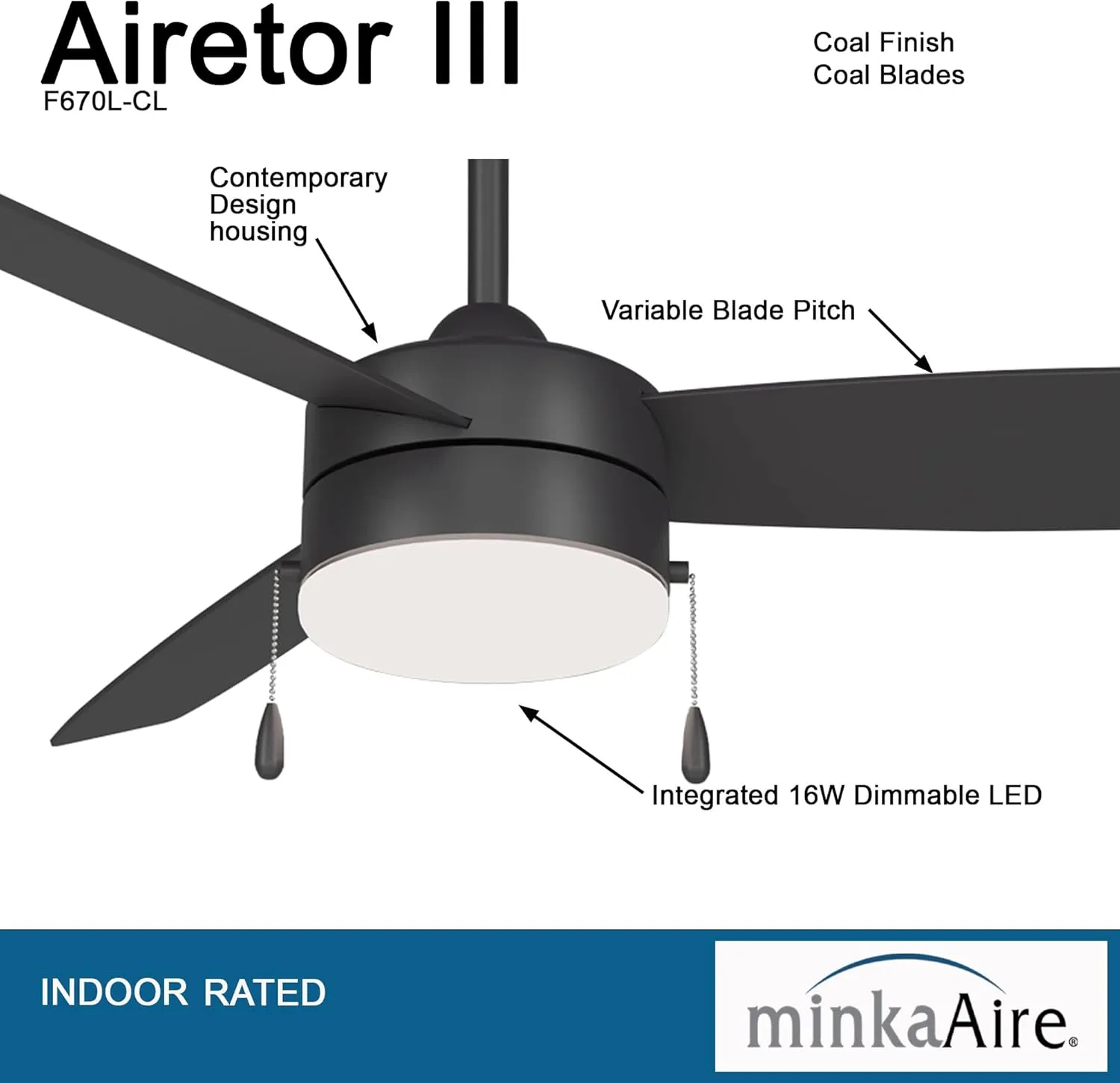 MINKA-AIRE F670L-CL Airetor III 54" Ceiling Fan with LED Light and Pull Chain in Coal Finish