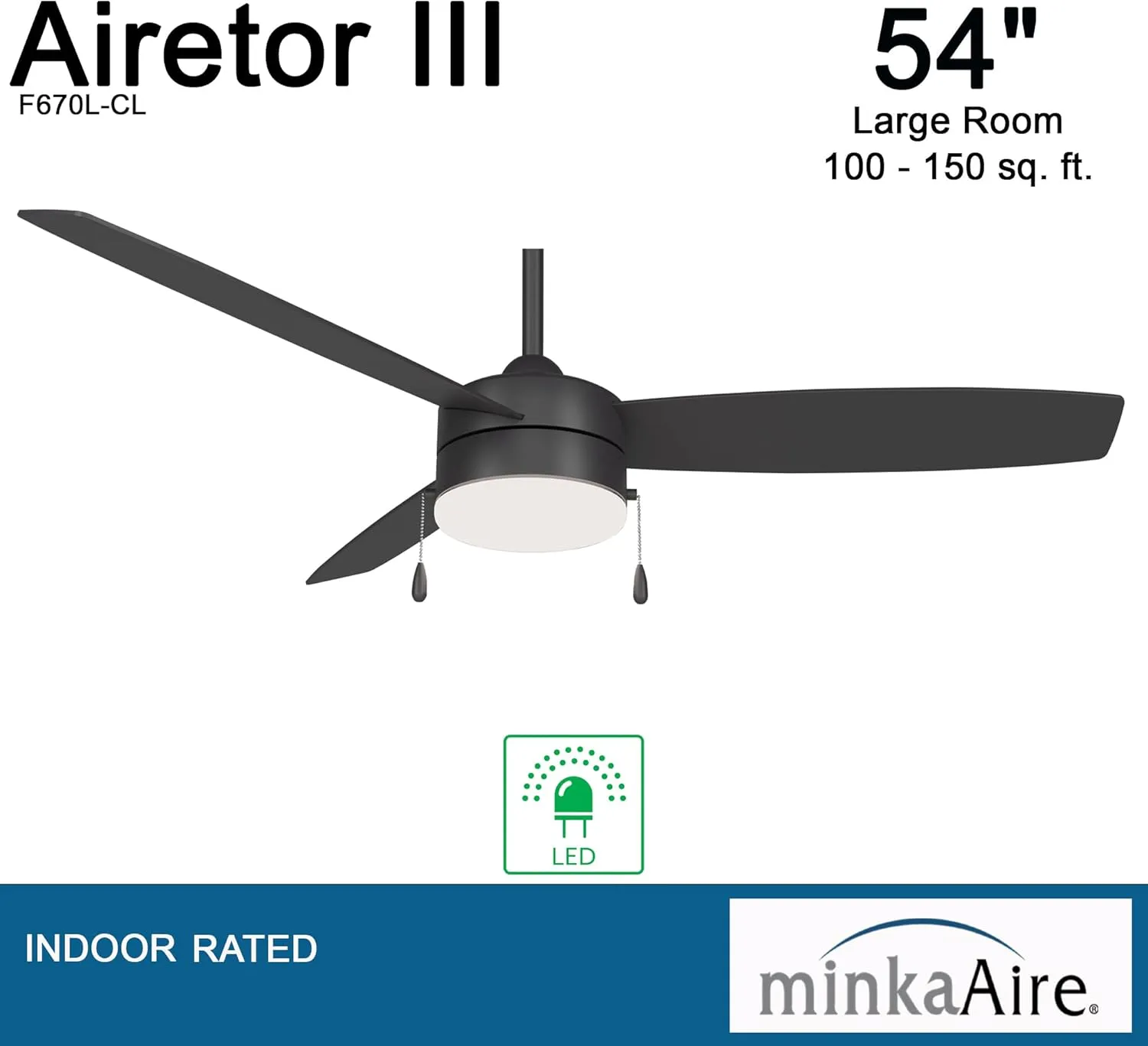 MINKA-AIRE F670L-CL Airetor III 54" Ceiling Fan with LED Light and Pull Chain in Coal Finish
