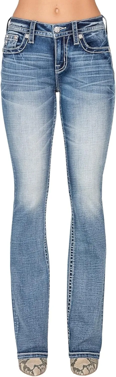 Miss Me Women's Mid-Rise Bootcut Jeans, Floral Embroidered Tapestry with Faux Flap Pockets, Bootcut Stretch Denim Jeans