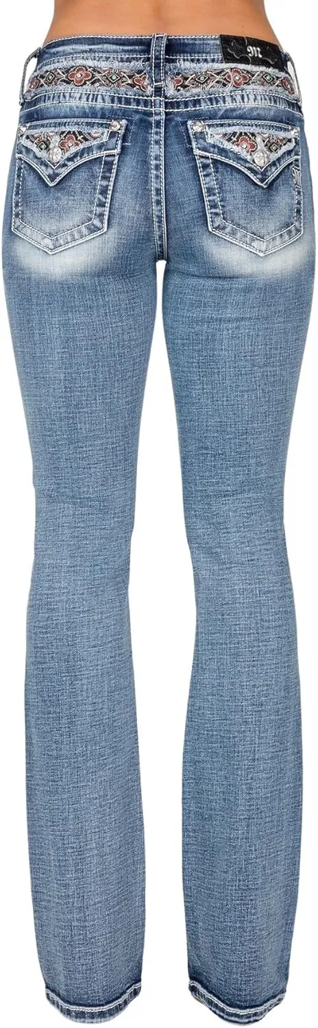 Miss Me Women's Mid-Rise Bootcut Jeans, Floral Embroidered Tapestry with Faux Flap Pockets, Bootcut Stretch Denim Jeans