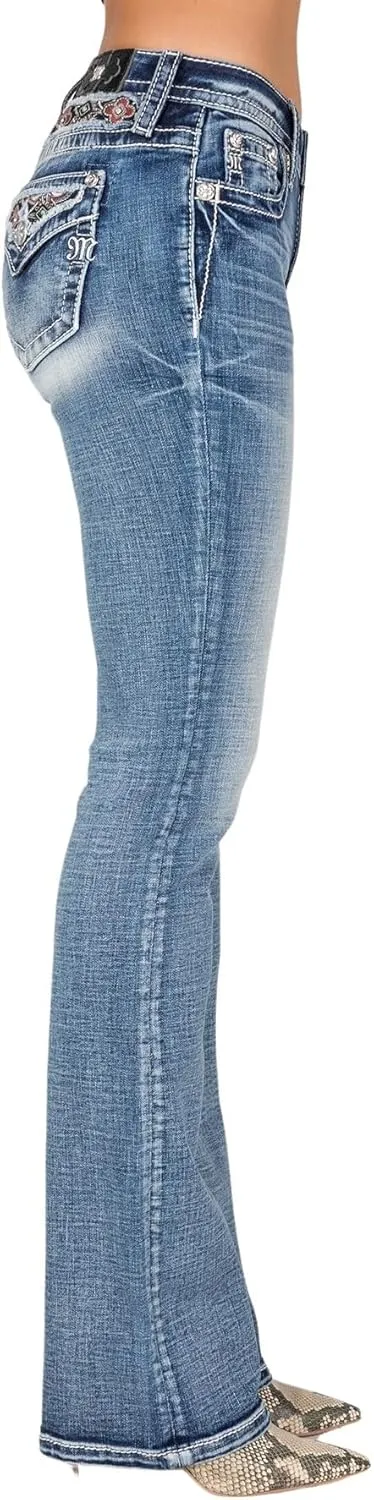 Miss Me Women's Mid-Rise Bootcut Jeans, Floral Embroidered Tapestry with Faux Flap Pockets, Bootcut Stretch Denim Jeans
