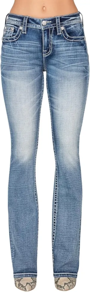 Miss Me Women's Mid-Rise Bootcut Jeans, Floral Embroidered Tapestry with Faux Flap Pockets, Bootcut Stretch Denim Jeans