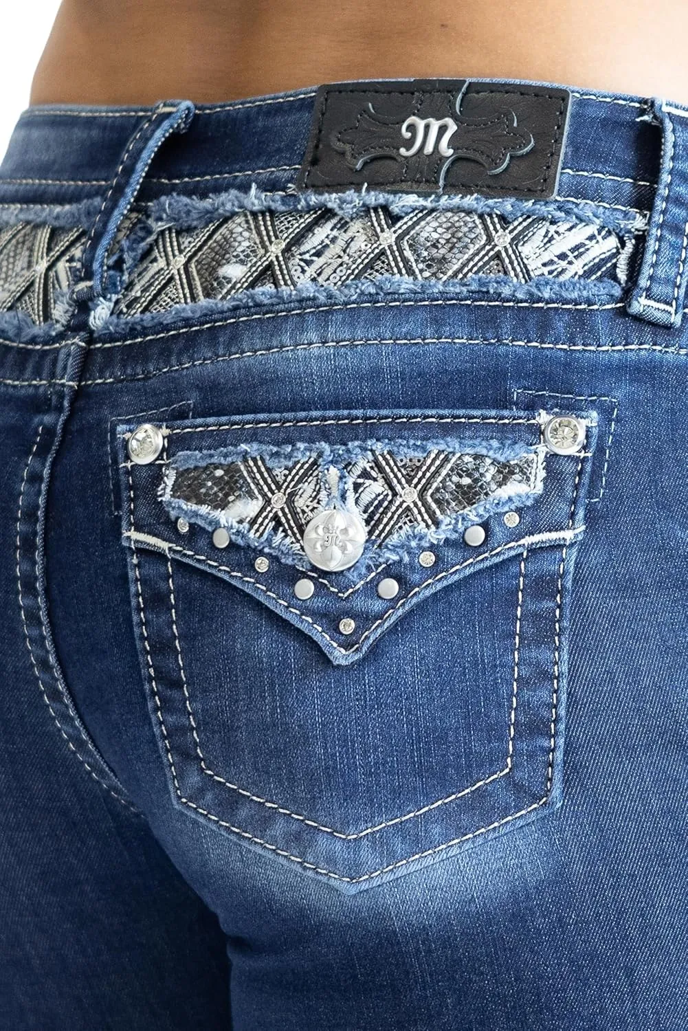 Miss Me Women's Snake Skin Faux Flap Pockets Mid-Rise Bootcut Jeans