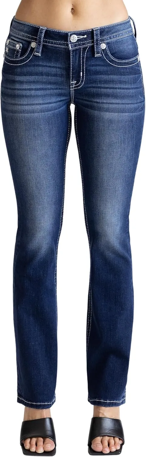 Miss Me Women's Snake Skin Faux Flap Pockets Mid-Rise Bootcut Jeans
