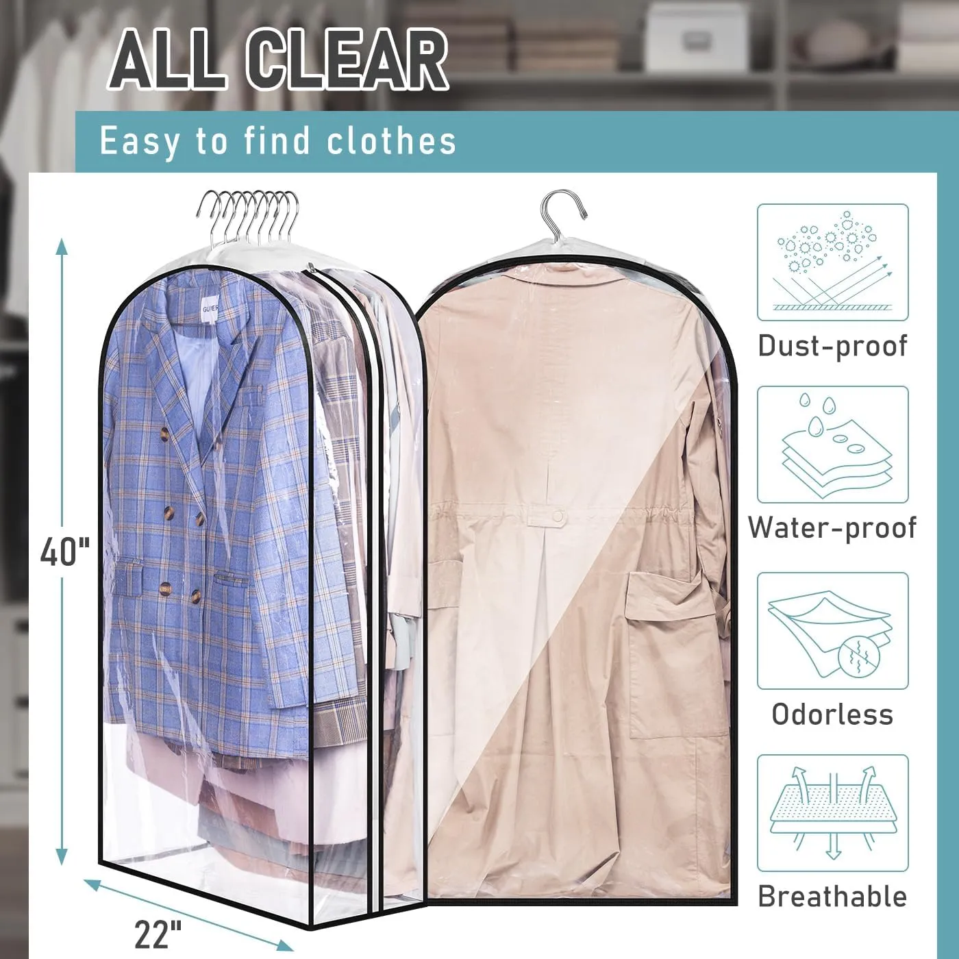 MISSLO 10" Gusseted All Clear Garment Bags for Hanging Clothes 40" Suit Bags for Closet Storage Hanging Clothes Storage Suit Cover for Shirts, Coats, Dresses, 3 Packs