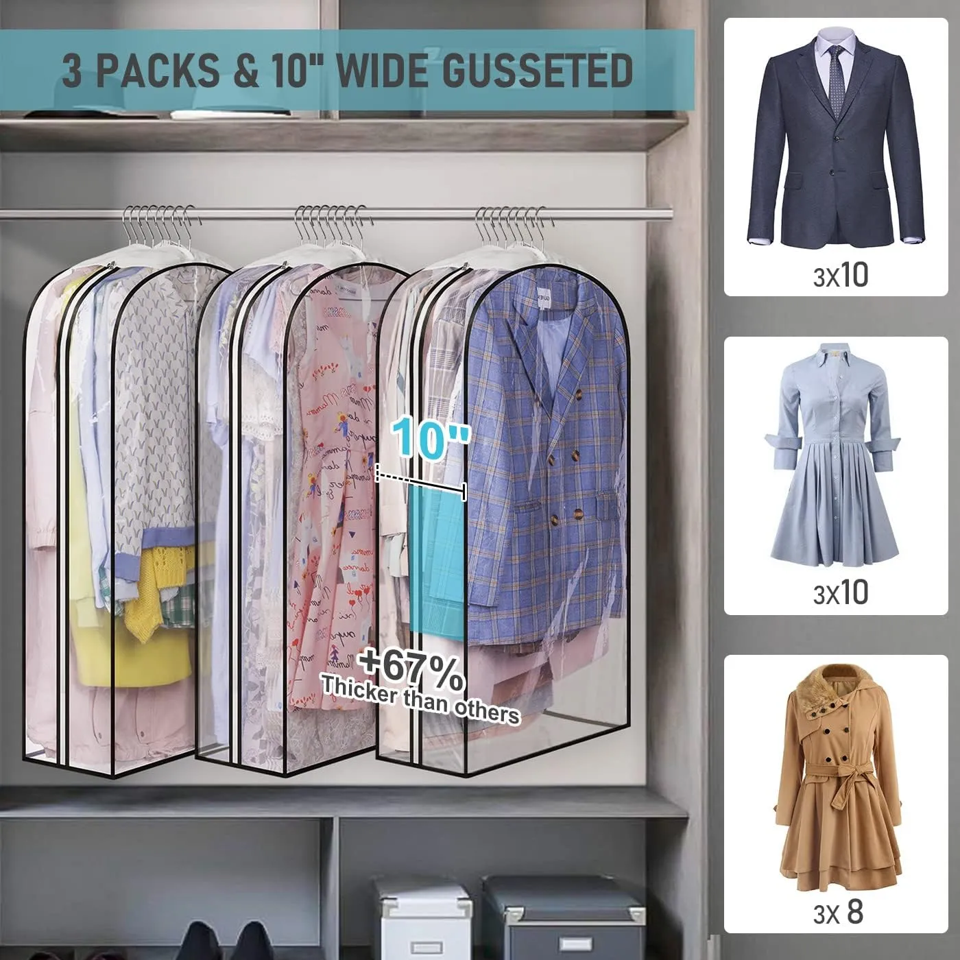 MISSLO 10" Gusseted All Clear Garment Bags for Hanging Clothes 40" Suit Bags for Closet Storage Hanging Clothes Storage Suit Cover for Shirts, Coats, Dresses, 3 Packs