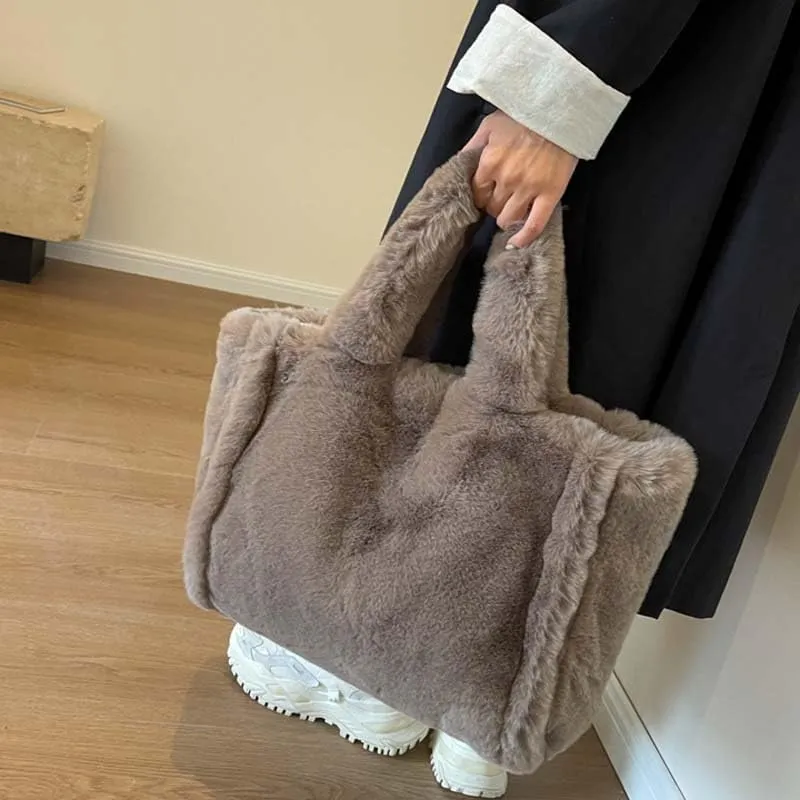 Molodo Fluffy Tote Bag for Women Large Faux Fur Shoulder Bag Casual Solid Color Handbag Purses Trendy Fuzzy Satchel Bag