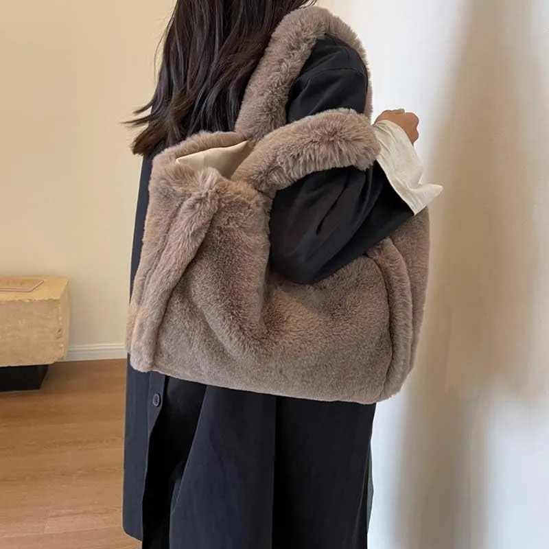 Molodo Fluffy Tote Bag for Women Large Faux Fur Shoulder Bag Casual Solid Color Handbag Purses Trendy Fuzzy Satchel Bag