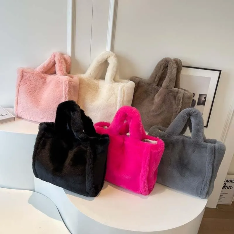 Molodo Fluffy Tote Bag for Women Large Faux Fur Shoulder Bag Casual Solid Color Handbag Purses Trendy Fuzzy Satchel Bag