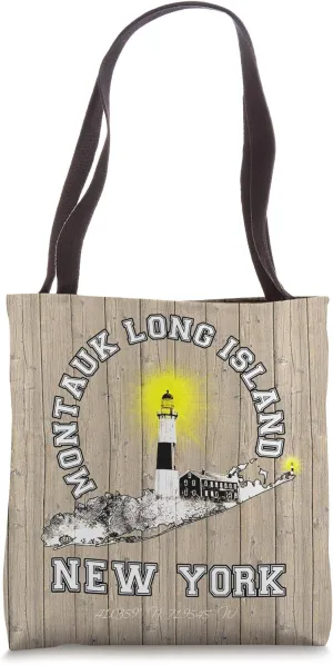 Montauk Lighthouse Long Island NY on Rustic Wood-Plank Print Tote Bag