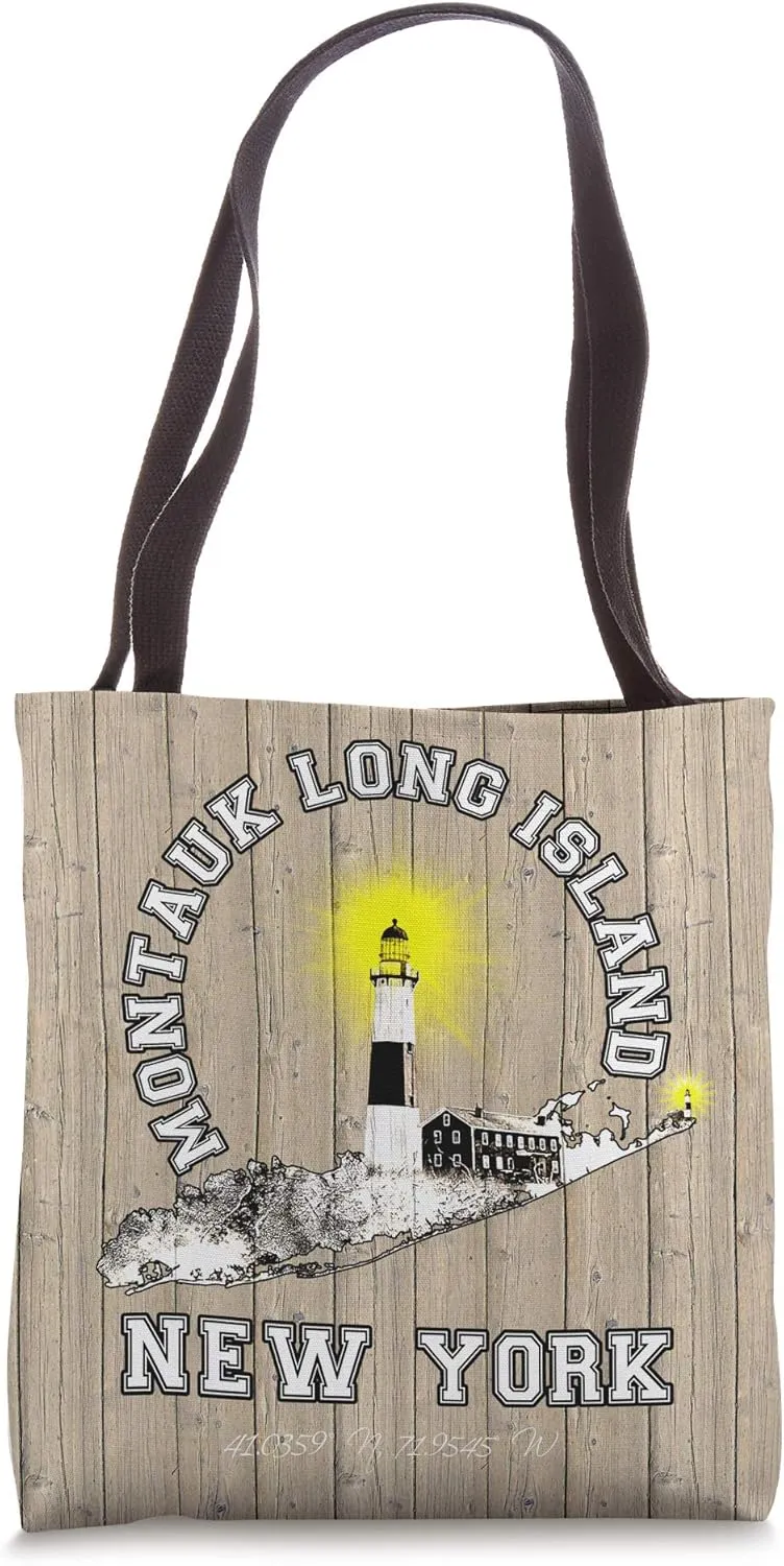 Montauk Lighthouse Long Island NY on Rustic Wood-Plank Print Tote Bag