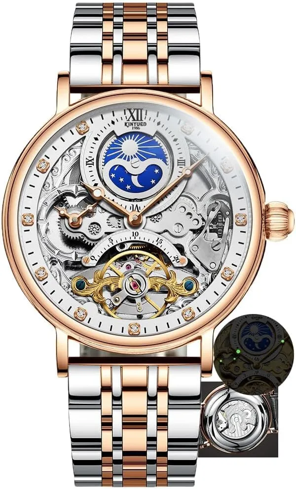 Moon Phase Mechanical Watch Men with Dual Time Zone Display Waterproof Automatic Skeleton Mens Watches Luxury Gifts Relogio Masculino