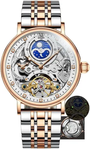 Moon Phase Mechanical Watch Men with Dual Time Zone Display Waterproof Automatic Skeleton Mens Watches Luxury Gifts Relogio Masculino