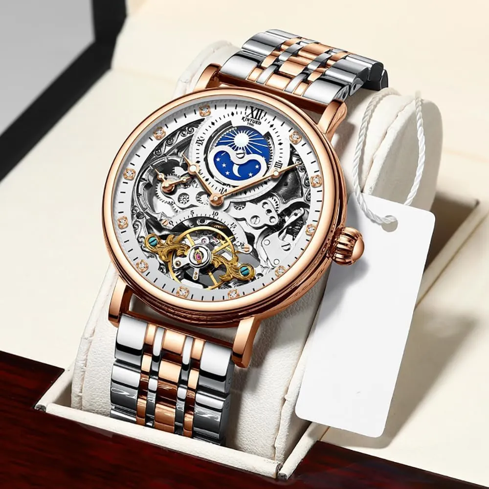 Moon Phase Mechanical Watch Men with Dual Time Zone Display Waterproof Automatic Skeleton Mens Watches Luxury Gifts Relogio Masculino