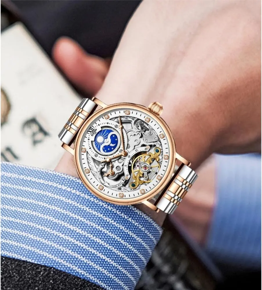 Moon Phase Mechanical Watch Men with Dual Time Zone Display Waterproof Automatic Skeleton Mens Watches Luxury Gifts Relogio Masculino