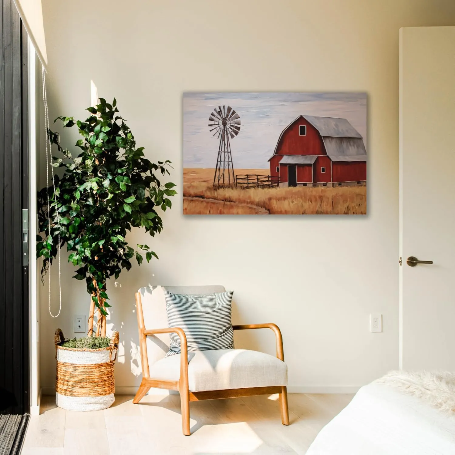 MOSTUNNA Farmhouse Canvas Wall Art Red Old Barn and Windmill Pictures Prints Straw Landscape Painting Artwork for Dining room Home Bedroom Bathroom Decor Framed (Barn-3, 24.00" x 36.00")