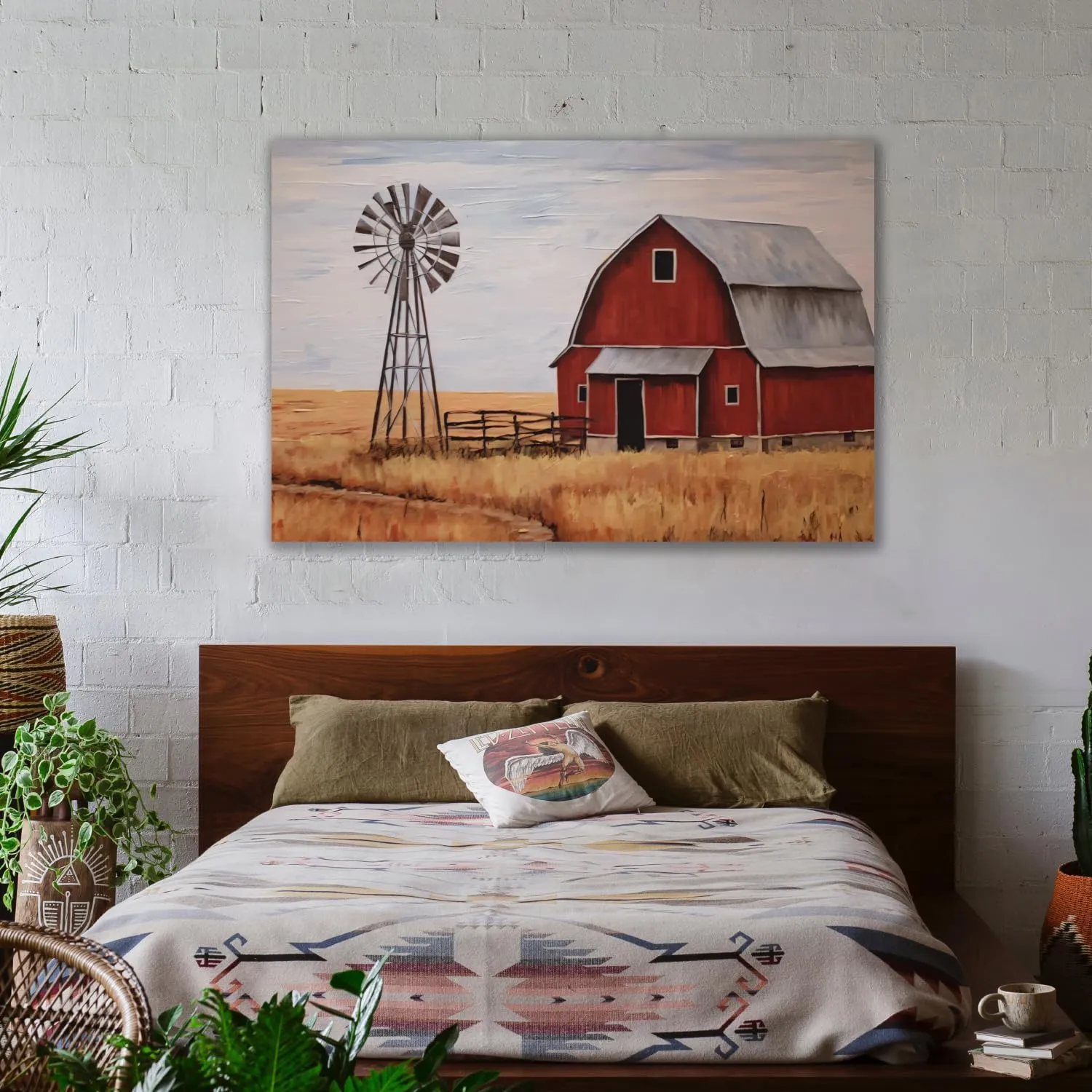 MOSTUNNA Farmhouse Canvas Wall Art Red Old Barn and Windmill Pictures Prints Straw Landscape Painting Artwork for Dining room Home Bedroom Bathroom Decor Framed (Barn-3, 24.00" x 36.00")