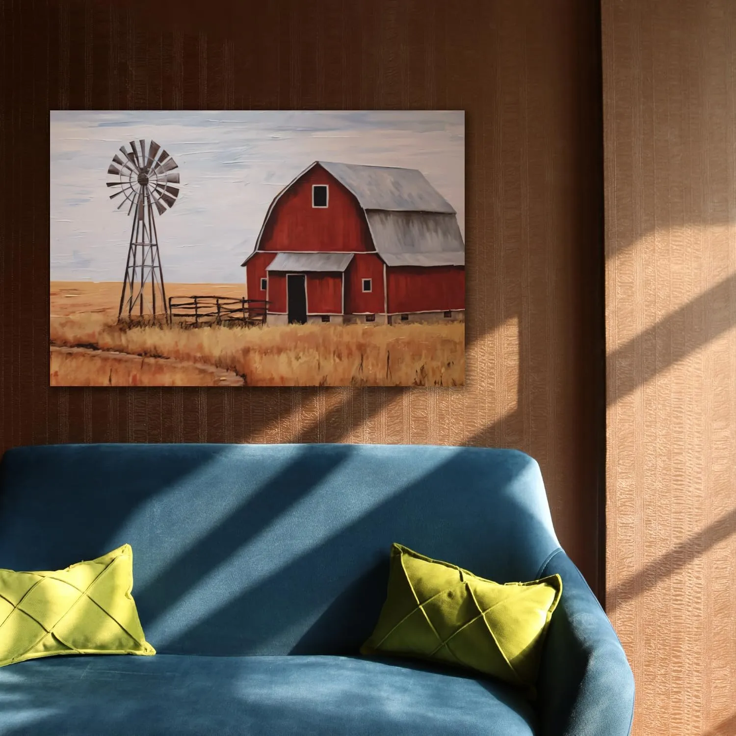 MOSTUNNA Farmhouse Canvas Wall Art Red Old Barn and Windmill Pictures Prints Straw Landscape Painting Artwork for Dining room Home Bedroom Bathroom Decor Framed (Barn-3, 24.00" x 36.00")