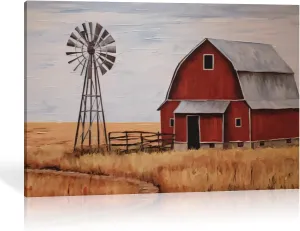 MOSTUNNA Farmhouse Canvas Wall Art Red Old Barn and Windmill Pictures Prints Straw Landscape Painting Artwork for Dining room Home Bedroom Bathroom Decor Framed (Barn-3, 24.00" x 36.00")