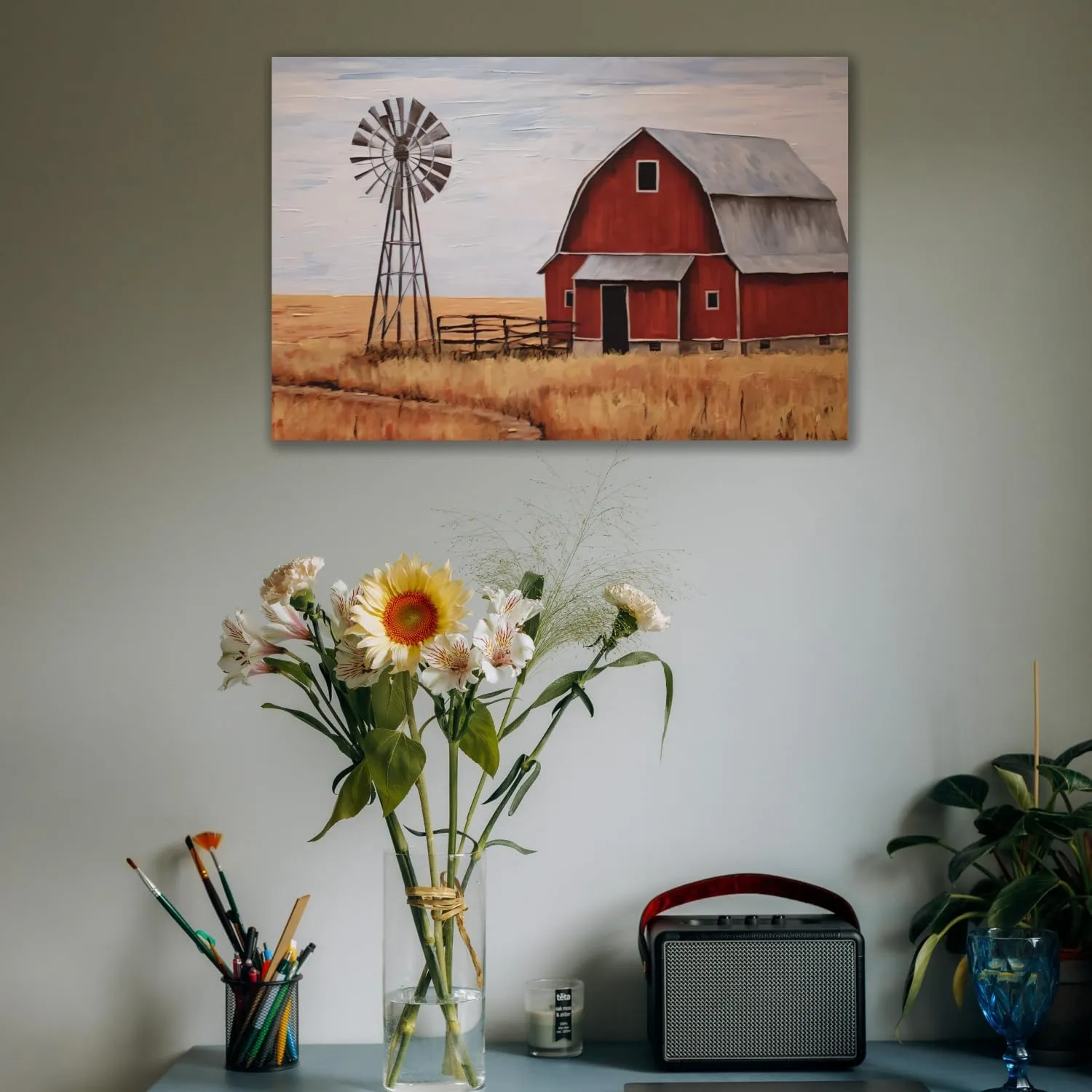 MOSTUNNA Farmhouse Canvas Wall Art Red Old Barn and Windmill Pictures Prints Straw Landscape Painting Artwork for Dining room Home Bedroom Bathroom Decor Framed (Barn-3, 24.00" x 36.00")