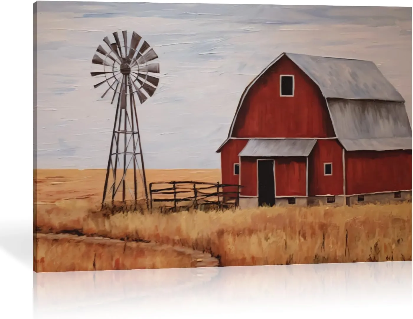 MOSTUNNA Farmhouse Canvas Wall Art Red Old Barn and Windmill Pictures Prints Straw Landscape Painting Artwork for Dining room Home Bedroom Bathroom Decor Framed (Barn-3, 24.00" x 36.00")