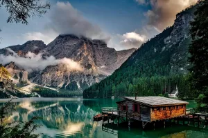 Mountain Lake Cabin Wall Art - Scenic Nature Canvas Print, Tranquil Alpine Landscape with Wooden Lodge and Reflections, Rustic Artwork for Living Room, Bedroom, or Office, Ready to Hang