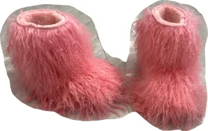 MSD-1 Woman's Tibetan Fur Boot With Real Mongolian Hairy Furry Sheepskin Shearling Lamb Skin Snow Boots Long Curly Hair Shoes For Young Lady Girls Outside Ski Fluffy Footwear Christmas Gifts Mid-Half Short Booties All Over Fur (4, Pink)