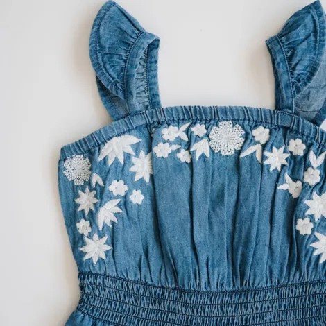 Mud Pie Denim Romper With Floral Applique