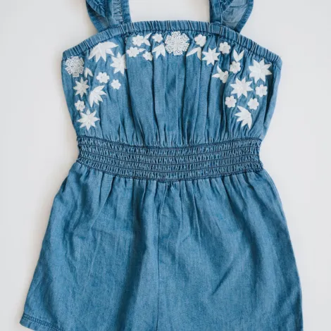 Mud Pie Denim Romper With Floral Applique