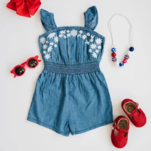 Mud Pie Denim Romper With Floral Applique