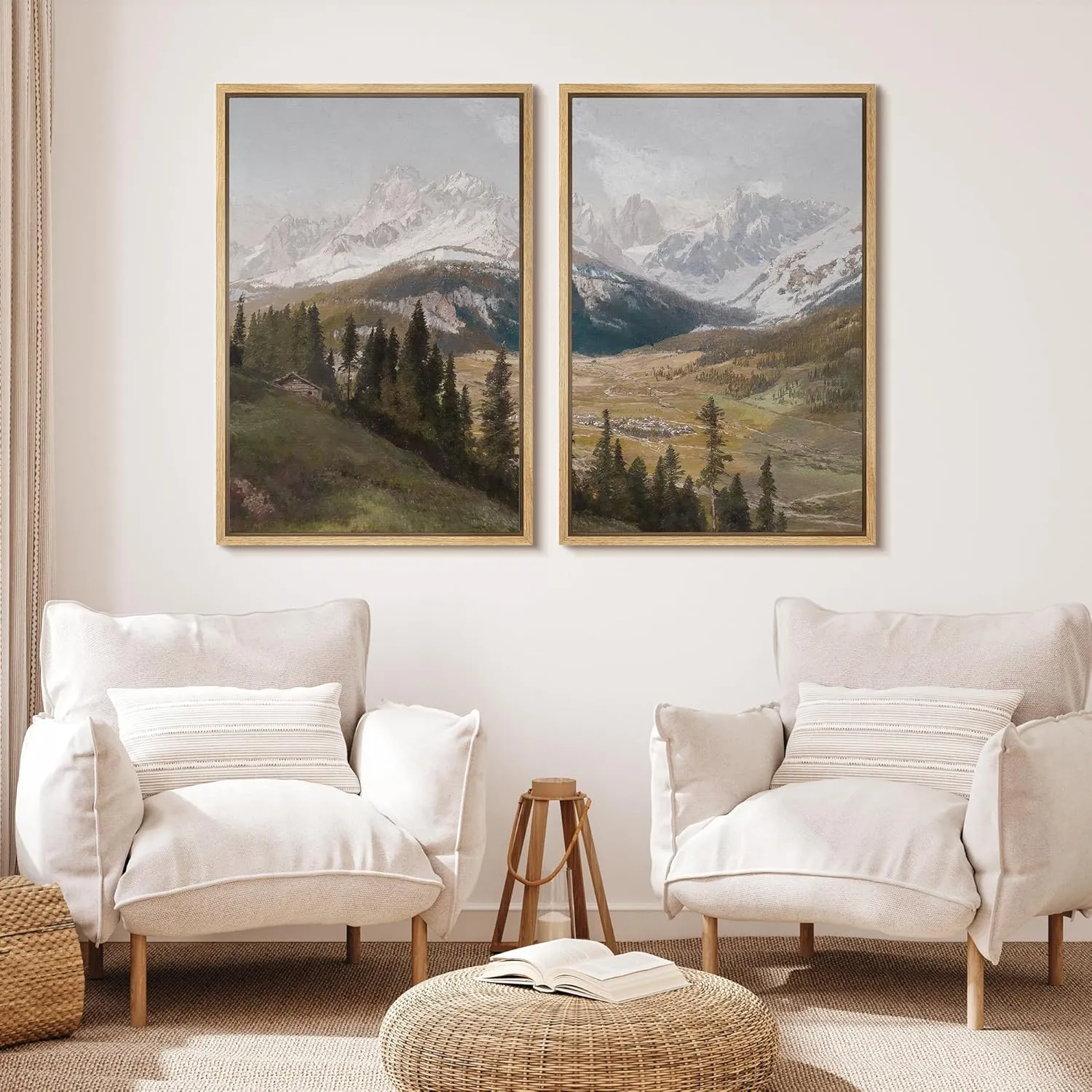 MUDECOR Framed Canvas Print Wall Art Alpine Meadow and Mountain Range Rustic Cabin Nature Nature Wilderness Illustrations Realism Decorative for Living Room, Bedroom, Office - 16"x24"x2 Natural