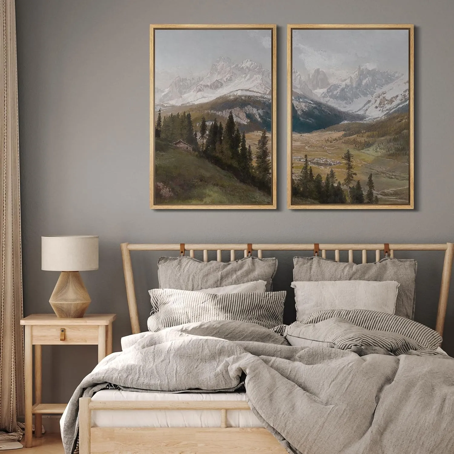 MUDECOR Framed Canvas Print Wall Art Alpine Meadow and Mountain Range Rustic Cabin Nature Nature Wilderness Illustrations Realism Decorative for Living Room, Bedroom, Office - 16"x24"x2 Natural