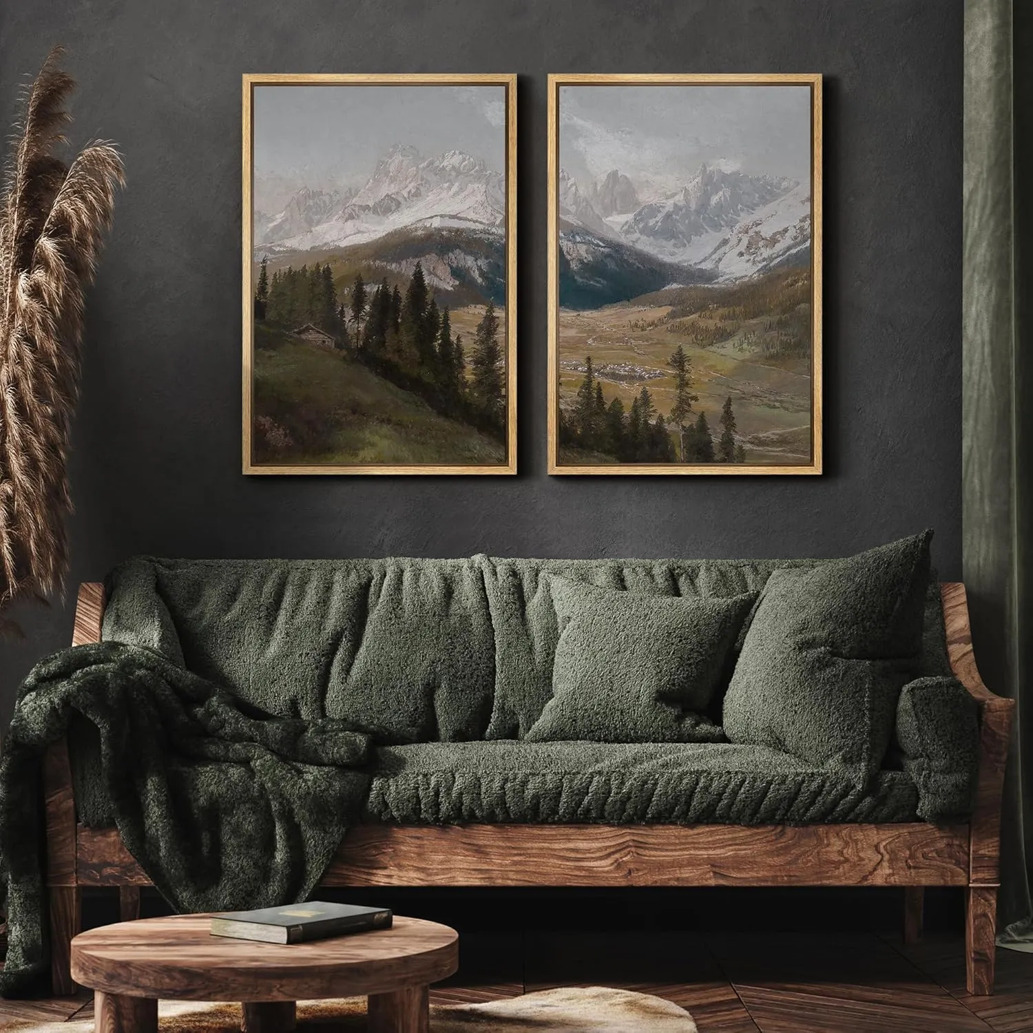 MUDECOR Framed Canvas Print Wall Art Alpine Meadow and Mountain Range Rustic Cabin Nature Nature Wilderness Illustrations Realism Decorative for Living Room, Bedroom, Office - 16"x24"x2 Natural