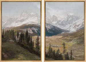 MUDECOR Framed Canvas Print Wall Art Alpine Meadow and Mountain Range Rustic Cabin Nature Nature Wilderness Illustrations Realism Decorative for Living Room, Bedroom, Office - 16"x24"x2 Natural