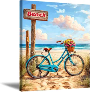 Muflurir Seaside Bicycles Canvas Wall Art Beach Wall Art For Bathroom Decor Sunflowers and Bike Artwork Poster Paintings For Wall Garden Farmhouse Wall Decor Themed Home Decoration 16x20 In Unframed