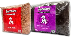 Mycelium Mushroom Growing Kit I CVG Substrate (Coco Coir, Vermiculite, Gypsum) with Milo Grain I High Yield Proprietary Mix I Sterilized Mushroom Grow Bag for Starter & Pro Home Growers, 15lbs