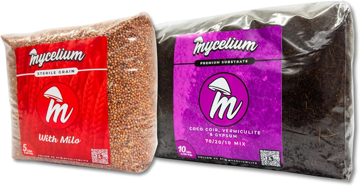 Mycelium Mushroom Growing Kit I CVG Substrate (Coco Coir, Vermiculite, Gypsum) with Milo Grain I High Yield Proprietary Mix I Sterilized Mushroom Grow Bag for Starter & Pro Home Growers, 15lbs