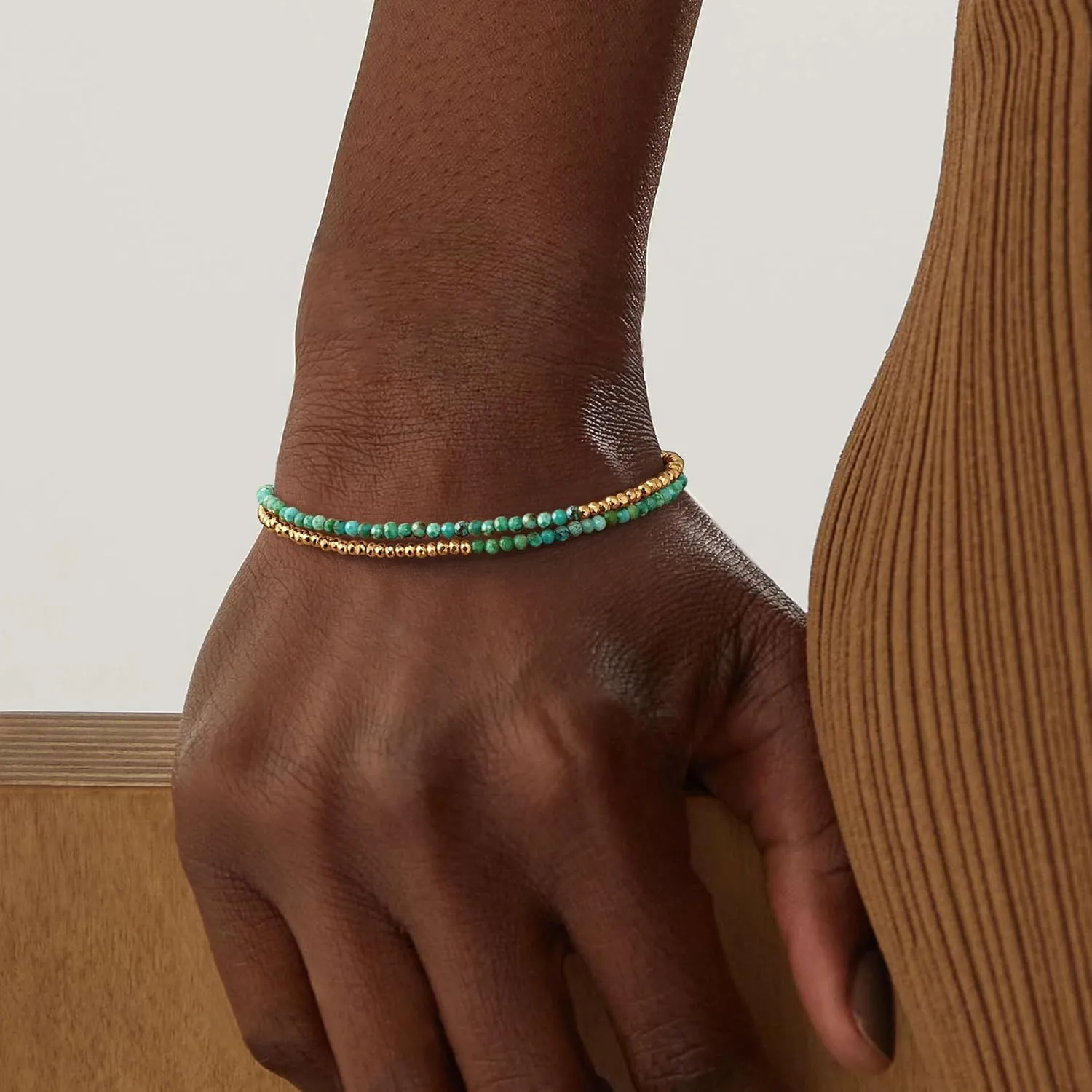 MYEARS Women Beaded Bracelet Gold Double Layer Gemstone 14K Simple Dainty Handmade Chain Everyday Boho Beach Jewelry