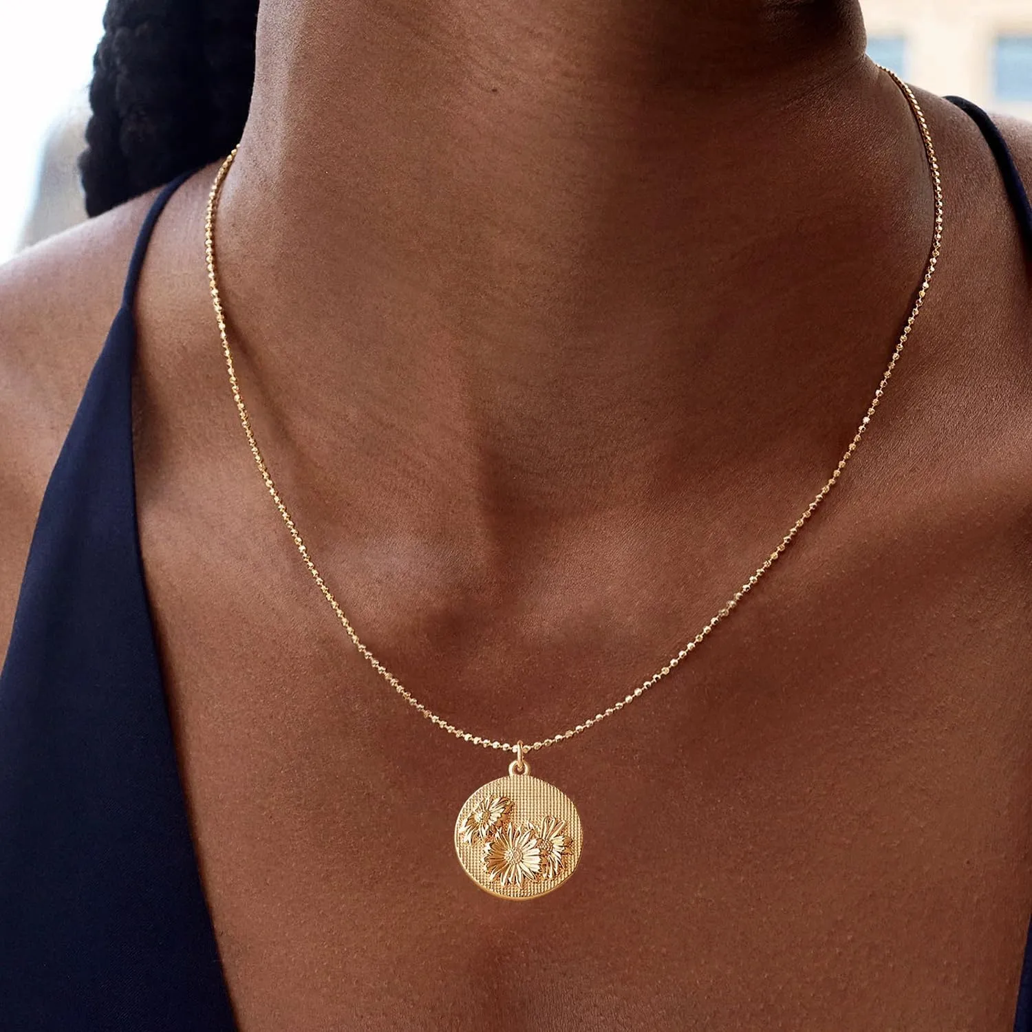 MYEARS Women Birth Flower Necklace Gold Butterfly Coin Disc Pendant Cubic Zirconia 14K Simple Dainty Beaded Chain Everyday Trendy Jewelry - 12 Months