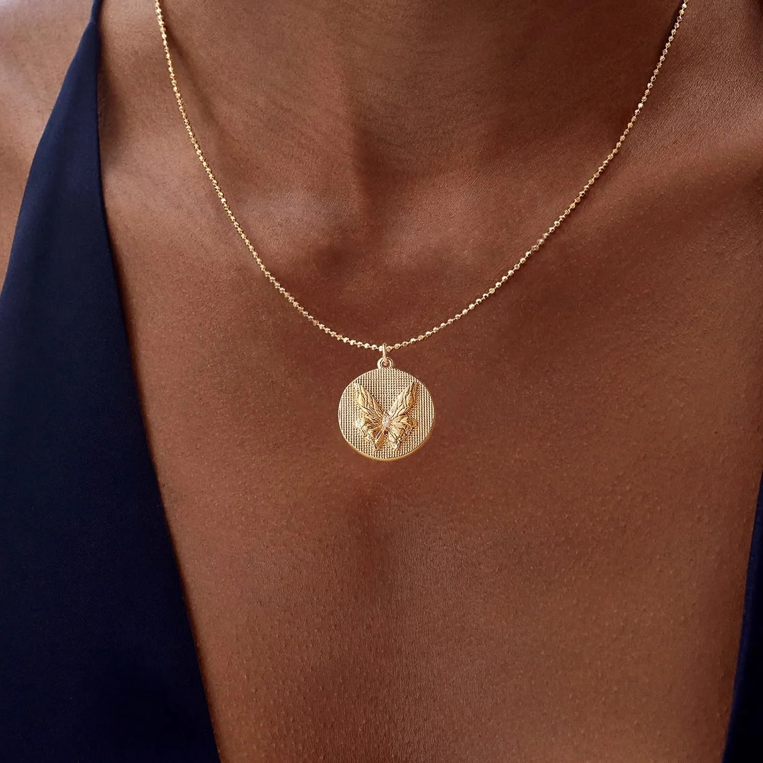 MYEARS Women Birth Flower Necklace Gold Butterfly Coin Disc Pendant Cubic Zirconia 14K Simple Dainty Beaded Chain Everyday Trendy Jewelry - 12 Months