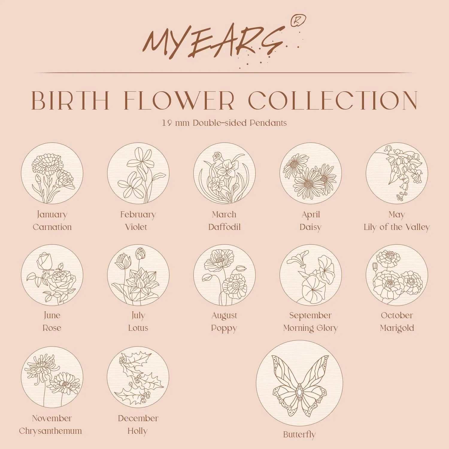 MYEARS Women Birth Flower Necklace Gold Butterfly Coin Disc Pendant Cubic Zirconia 14K Simple Dainty Beaded Chain Everyday Trendy Jewelry - 12 Months