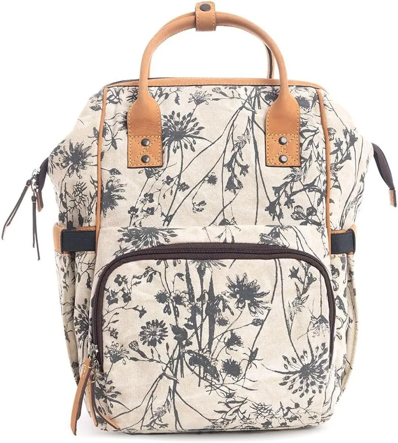 Myra Bag Diaper Bag for Women - Western Upcycled Canvas and Leather Backpack Handbag Taupe, S-9788