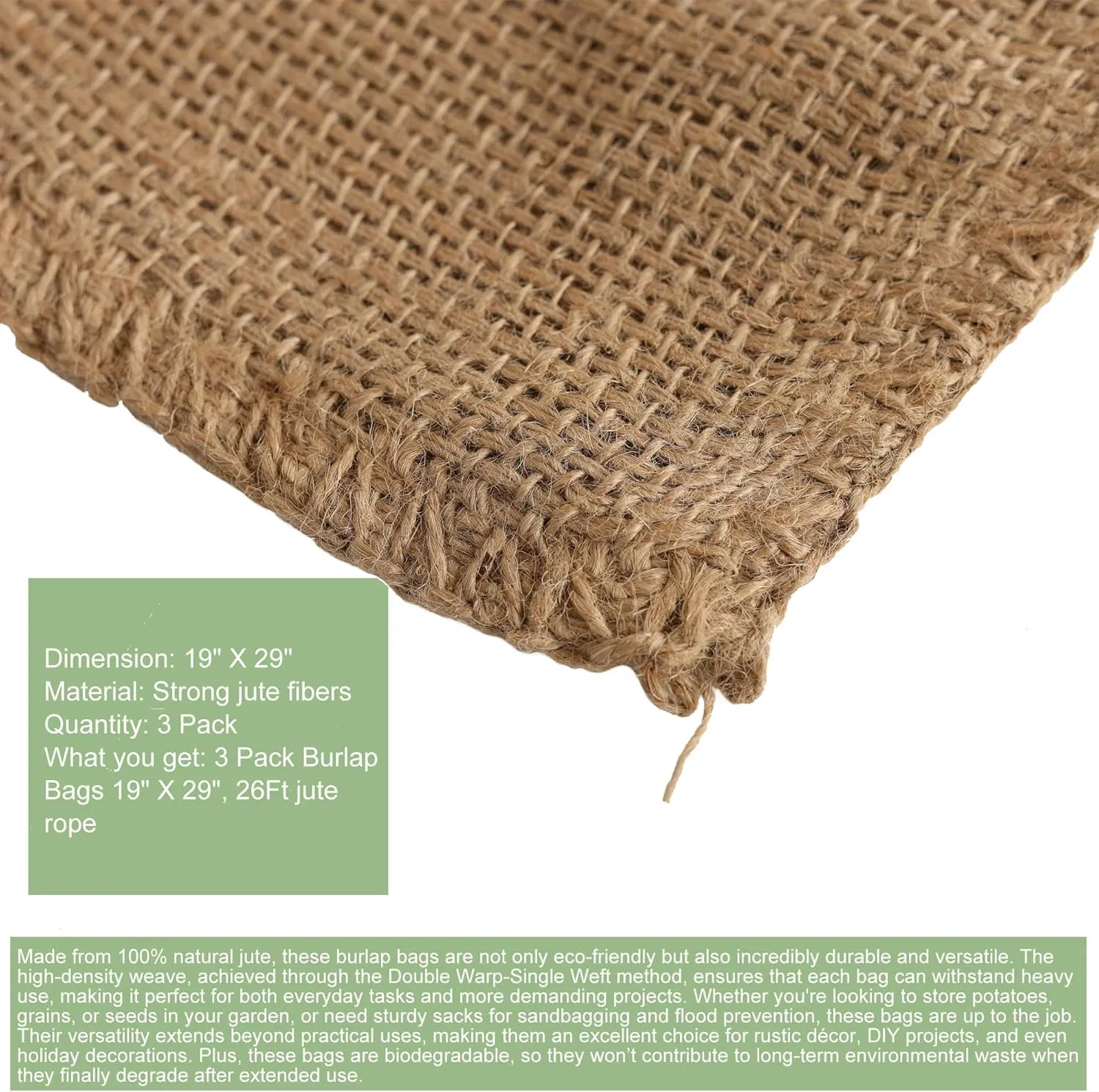 Natural Burlap Bags 19" X 29" with Drawstring, 3 Pack – Eco-Friendly Durable Brown Burlap Bags for Storage, Agriculture, Flood Control, Gardening and Frost Protection