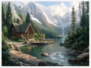 Nature Lake Mountain Wall Art Forest Scenery Canvas Print Rustic Cabin Decor Waterfall Landscape Painting for Home Office-16x20Inch Ready to Hang (Unframed)