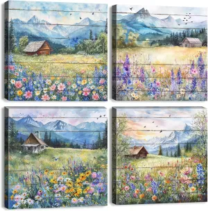 Nature Wall Art Farmhouse Barn Landscape Wall Decor Vintage Wildflower Pictures for Bedroom Floral Posters Living Room Forest Mountain Flowers Scenery Canvas Prints Artwork Home Decoration 12x12” 4Pcs